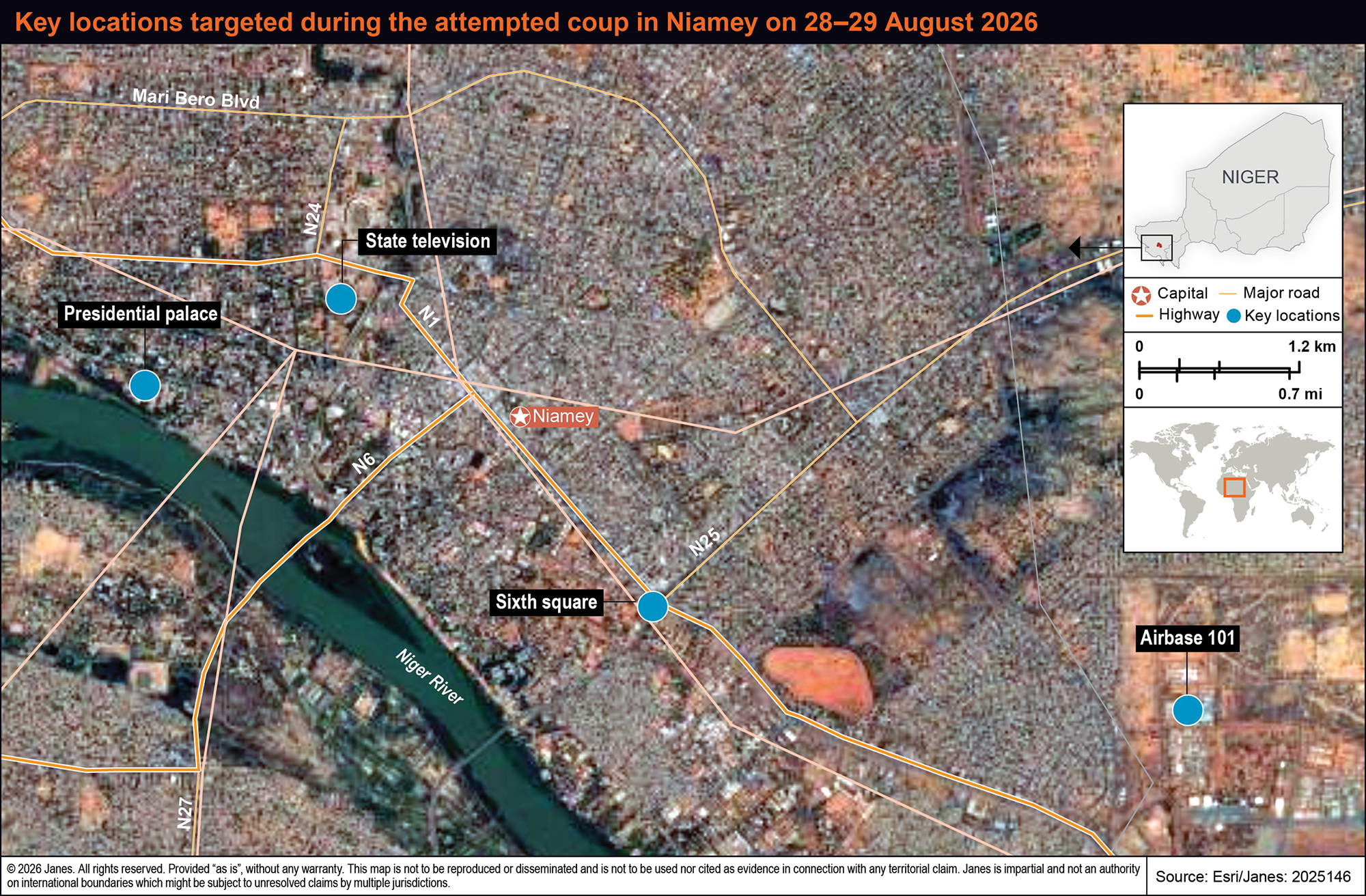 Aerial photograph of Key locations targeted during the coup attempt in Niamey