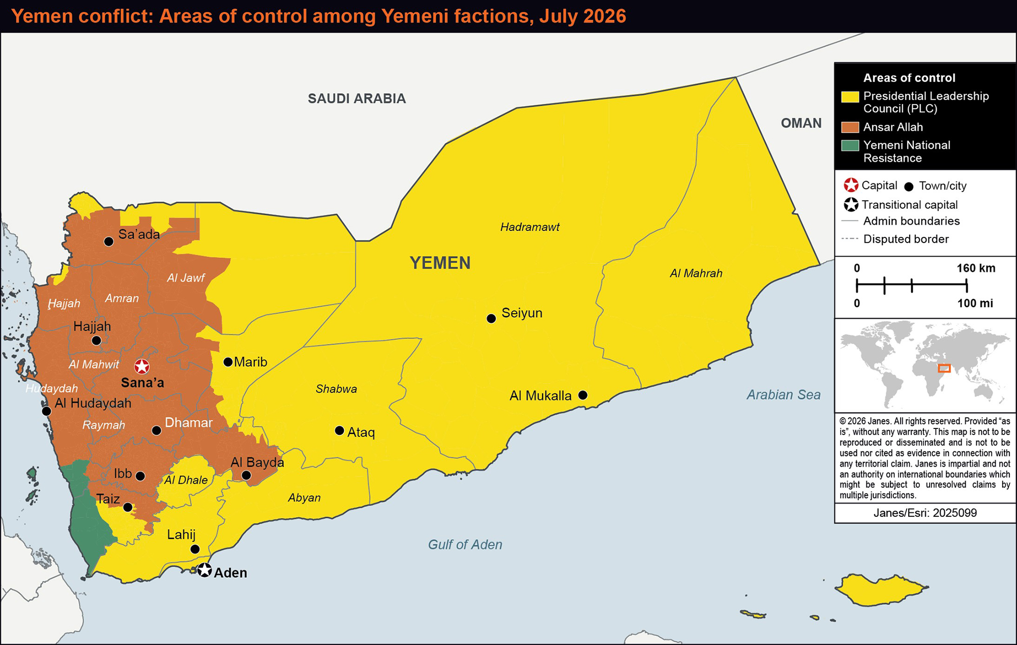 Areas of control among Yemeni factions July 2026