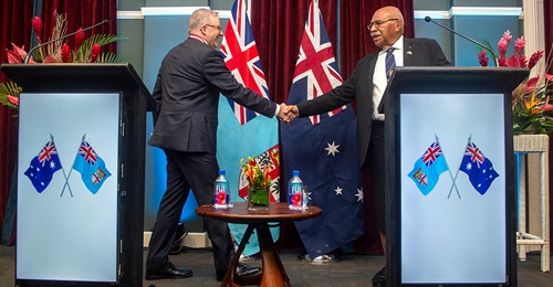 Australian Prime Minister Anthony Albanese and Fiji Prime Minister Sitiveni Rabuka shake hands