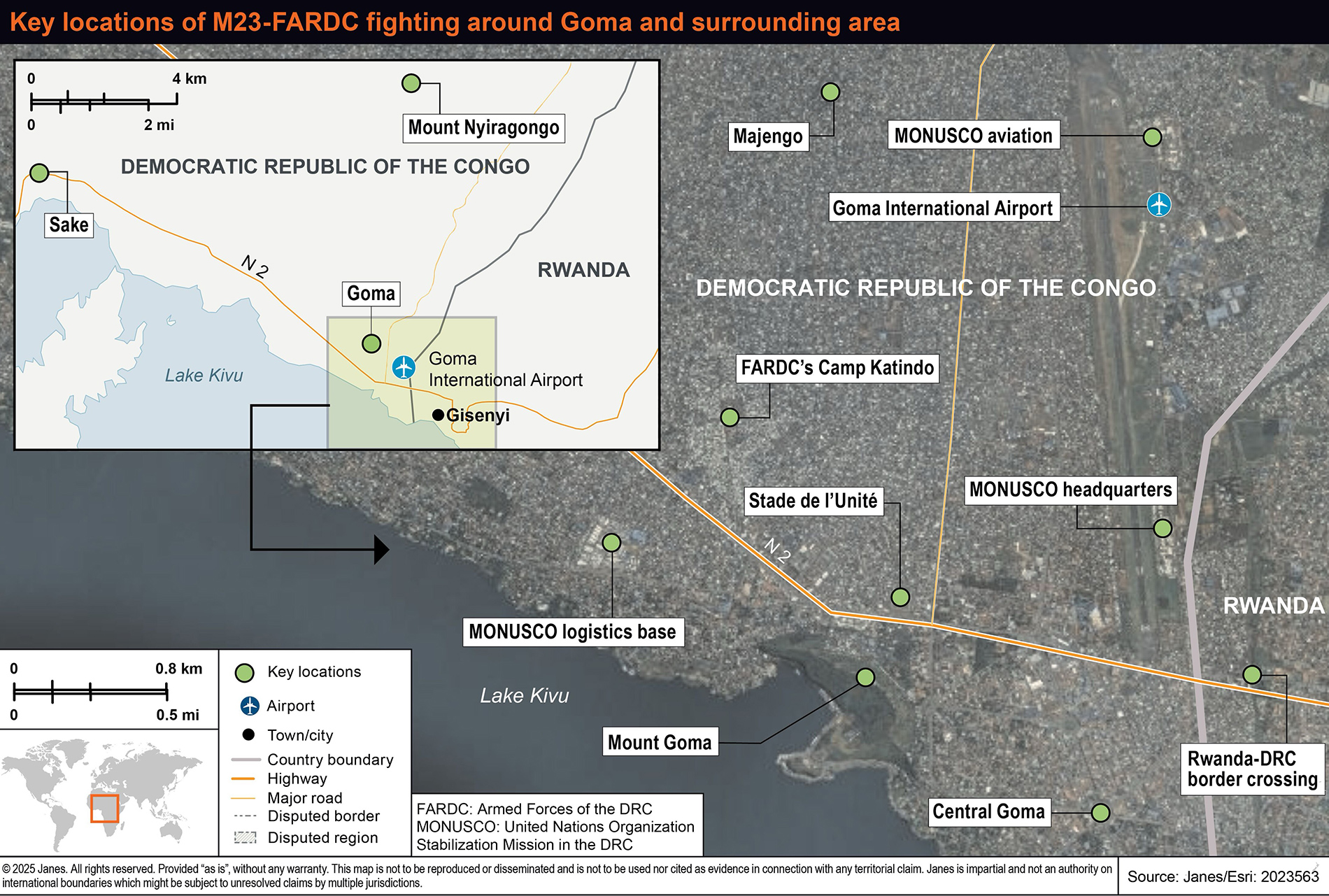 Key locations of M23-FARDC fighting around Goma and surrounding area