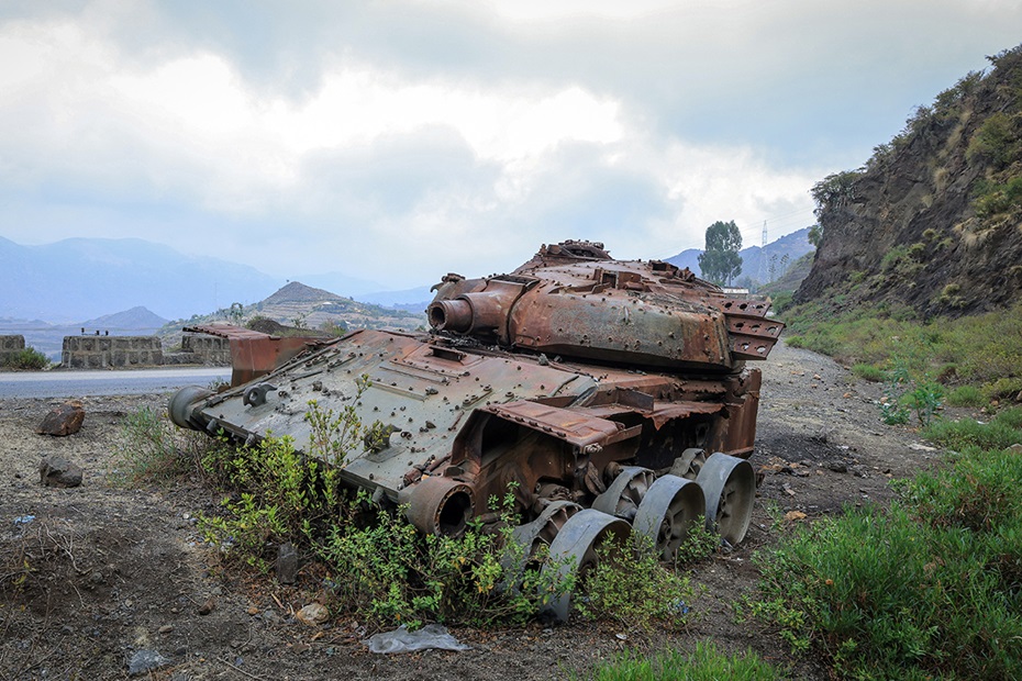 Photograph of charred remains of a tank from clashes between the Ethiopian National Defense Force (ENDF) and the Tigray People's Liberation Front
