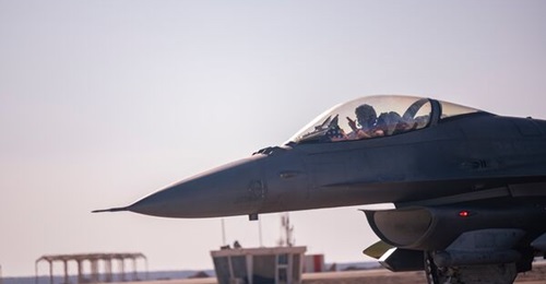 A US Air Force F-16 from the 55th Fighter Squadron arrives at the 332nd Air Expeditionary Wing at an undisclosed location somewhere in Southwest Asia on 22 October. That location is almost certainly Shahid Muwaffaq al-Salti Air Base, with the frames fo...