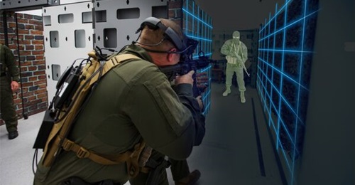 Exercising troops spot an enemy soldier in the SRCE virtual environment.