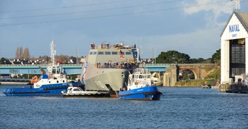 The first Gowind corvette ordered by the United Arab Emirates is pictured during its launch at Naval Group's yard in Lorient on 4 December.
