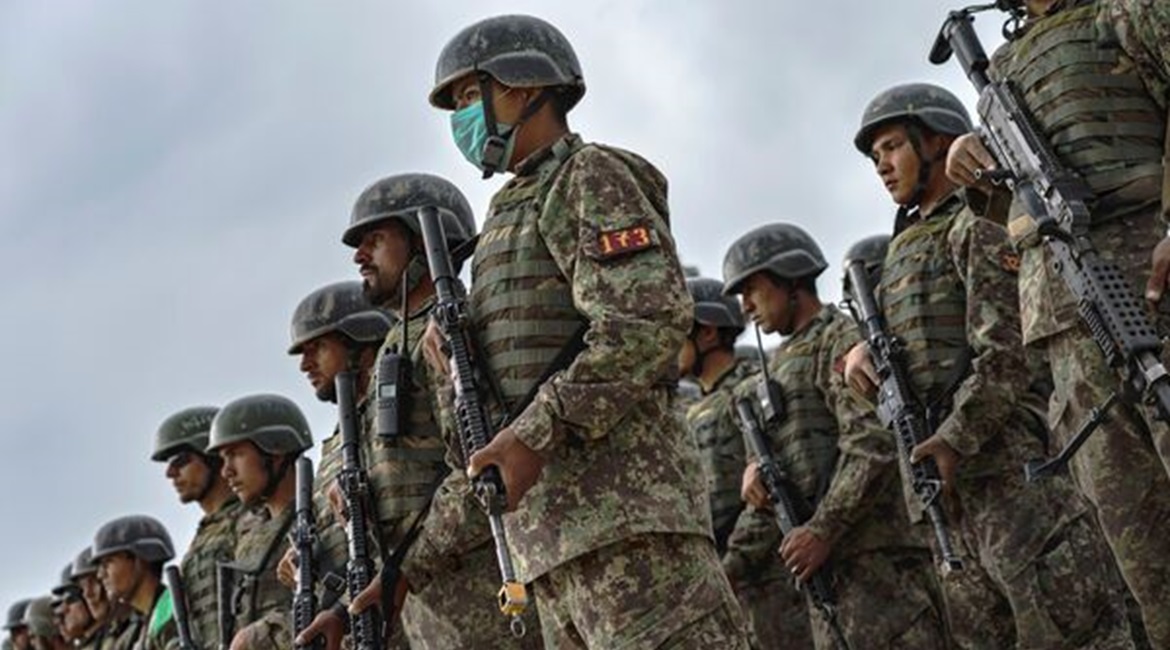 Afghan commandos in formation after taking part in an exercise on 28 April. US President Joe Biden announced on 25 June that he has asked Congress to grant more than USD3.3 billion in financial assistance for the ANDSF in 2022