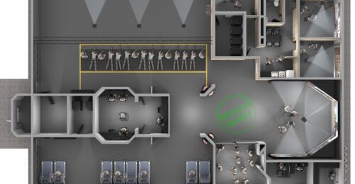 A top view of the Nahal Brigade's WARTAC at Tel Arad. (Clockwise from bottom right): briefing/debriefing area, individual weapons training cubicles, running machines, control centre, flat-screen trainer, simulated apartment for room clearing, wrap-arou...