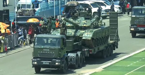 A still from a video of Tanzania's 60th anniversary parade at the National Stadium in Dar es Salaam shows the VT2 tank on its transporter.