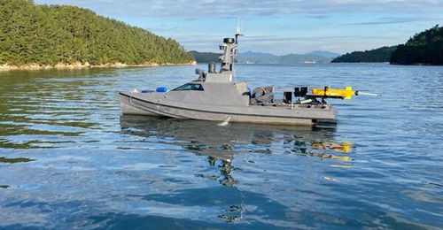 The Sea Sword 2 USV is pictured undergoing sea trials.