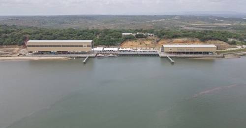 The new Mombasa Shipyard at Mtongwe Naval Base with one of its three lift platforms partially lowered.