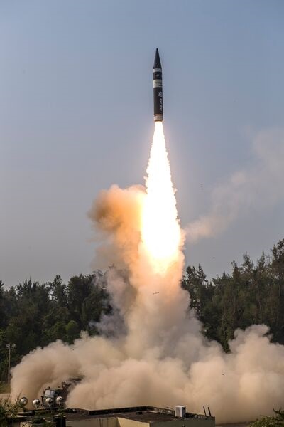 India's 'Agni P' medium-range ballistic missile is seen here at its December 2021 test launch.