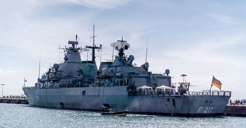 The German Navy's Brandenburg-class (Type 123) frigate, 
        
        , seen here at Changi Naval Base in Singapore in December 2021.