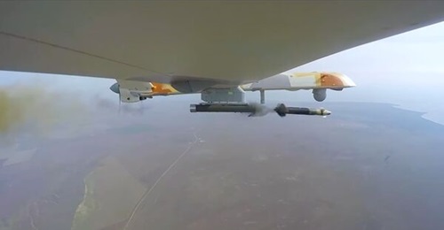 Russia has tested its Orion UCAV in an air-to-air engagement against another UAV. This screenshot from video footage of the test shows the launch of what appears to be a Kornet variant during the test.
