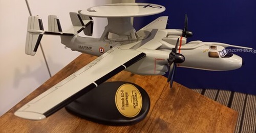 A model of an E-2D Advanced Hawkeye in French Navy markings, displayed at the Berlin Security Conference in November.