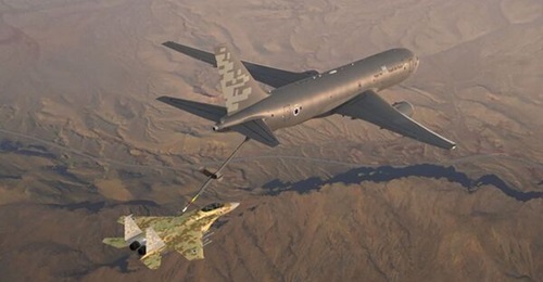 An artist's impression of an Israeli Air Force KC-46A tanker passing fuel to an F-15 Eagle.