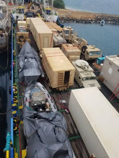 A photograph released by Ansar Allah shows the vehicles and boats that were loaded on the deck of the cargo landing ship 
        
        .