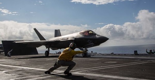 An F-35C assigned to VMFA-314  launches from the flight deck of the aircraft carrier USS 
        
         (CVN 72).