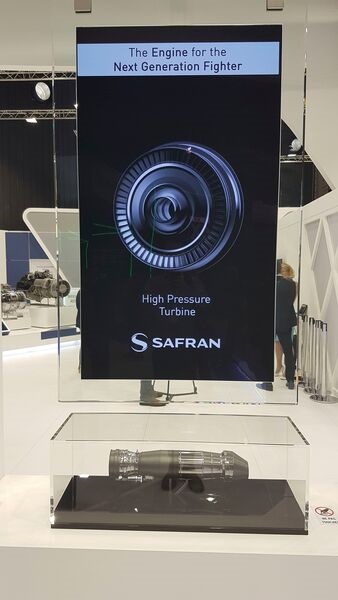 A model of the Next European Fighter Engine/New European Engine being developed by Safran, MTU, and ITP for the FCAS/SCAF New Generation Fighter displayed at the Paris Air Show 2019.