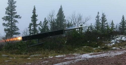 A Thales FZ275 70 mm/2.75 inch laser-guided rocket is fired from an Arnold Defense Land GR4 Fletcher launcher during qualification trials in Sweden in late 2021.