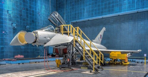 A Eurofighter Typhoon with a Captor-E radar displayed in the open nose.