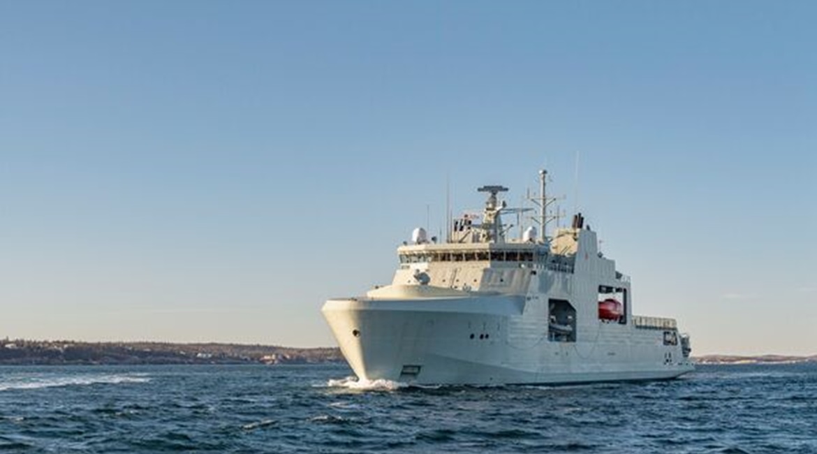 The RCN's first-in-class Arctic and Offshore Patrol Ship (AOPS) 
        
         is pictured at sea.