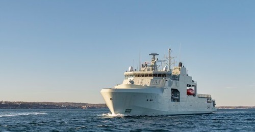 The RCN's first-in-class Arctic and Offshore Patrol Ship (AOPS) 
        
         is pictured at sea.