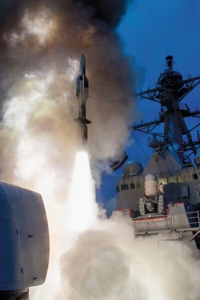 A US Navy destroyer launches a Standard Missile-6 (SM-6) during a test. Aerojet Rocketdyne provides propulsion for most Raytheon missiles, including the SM-6.
