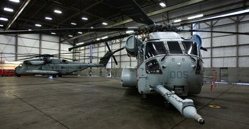 A CH-53K King Stallion (foreground) and a CH-53E Super Stallion (background) are staged during a redesignation ceremony at Marine Corps Air Station New River, North Carolina, on 24 January. The squadron received its first CH-53K King Stallion, and the ...