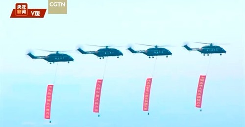 A screengrab from CGTN footage from 1 July showing four units of the recently inducted Z-8L transport helicopter flying in formation over Beijing to mark the 100th founding anniversary of the CPC.
