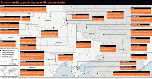 Russian military positions near the Ukrainian border as of 1 February.
