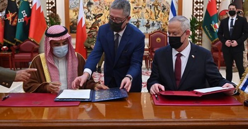 Bahrain's Minister of Defense Affairs H.E. Lieutenant General Abdullah Bin Hassan Al Noaimi (left) and Israeli Minister of Defence Benny Gantz signing a defence co-operation memorandum of understanding on 3 February 2022.