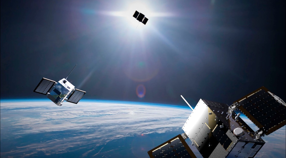 A depiction of the HawkEye 360 next-generation satellite cluster. Although shown in near proximity to each other here, in reality, the satellites are spread approximately 300 km apart.