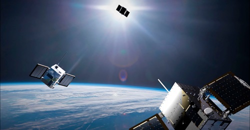 A depiction of the HawkEye 360 next-generation satellite cluster. Although shown in near proximity to each other here, in reality, the satellites are spread approximately 300 km apart.