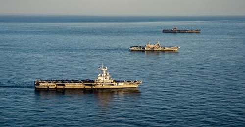 From right to left, Nimitz-class aircraft carrier USS 
        
         (CVN 75), Italian aircraft carrier ITS 
        
         (C 550), and French aircraft carrier 
        
         (R 91) transit the Mediterranean Sea in formation on 6 F...