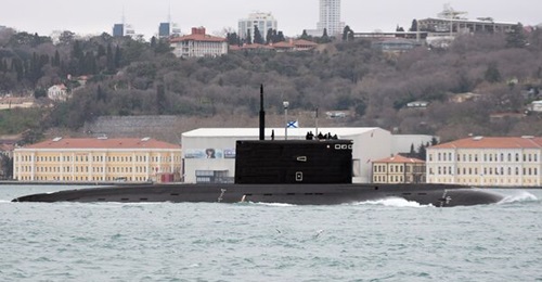 The Black Sea Fleet's improved 'Kilo'-class submarine 
        
         makes a northbound transit through Istanbul on 13 February en route to the Black Sea.