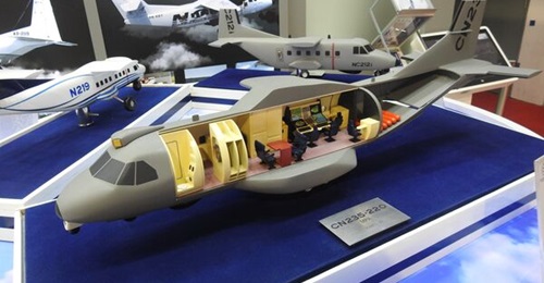 A cut-out model of the CN235 MPA at Singapore Airshow 2022.