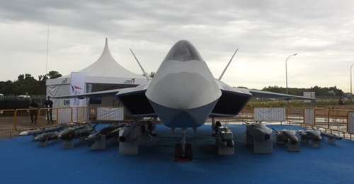 A mock-up of of Turkey's TF-X at Singapore Airshow 2022. Pakistan has been confirmed as the first official partner in the TF-X programme, TUSAS CEO Temel Kotil said on 18 February.