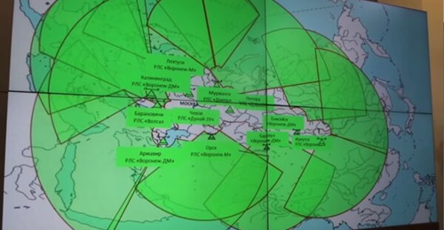 Russian ABM radar coverage from long-range systems is shown in this screenshot from a news article on the main missile warning centre in Moscow posted by the Russian Ministry of Defence on 16 February 2022.