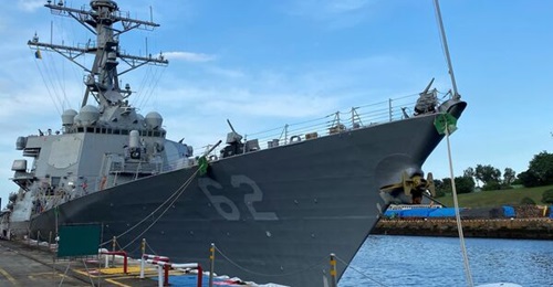 The Arleigh Burke-class destroyer USS Fitzgerald (DDG 62) seen here during a brief stop for logistics in Singapore.