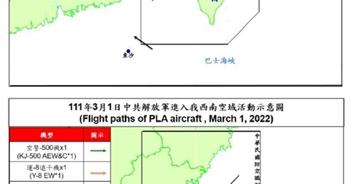 The flight path of People's Liberation Army military aircraft entering Taiwan's ADIZ on 1 March 2022. A Z-9C ASW helicopter was spotted for the first time during morning and night-time sorties.