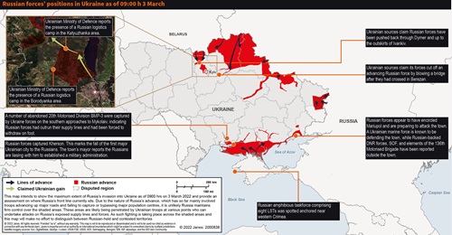 Russian forces' positions in Ukraine as of 09:00 h on 3 March 2022.