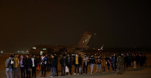 An Indian Air Force C-17 Globemaster at Hindon Air Force station in Ghaziabad, India, on 3 March 2022. The aircraft carried 200 Indians, mostly students, who were stranded in Ukraine. This was the first evacuation flight to reach India from Romania.