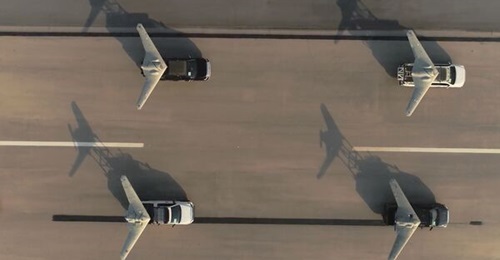 Jet-engine (top) and propeller (bottom) variants of Iran's flying-wing UAV on launch vehicles at an airbase on Qeshm island during an exercise in 2019. While Iranian sources have identified these as the Shahed-191 and Shahed-181 respectively, the IDF s...