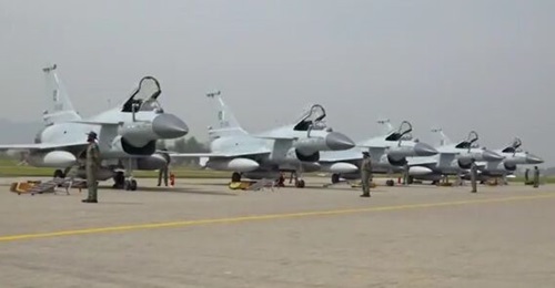 A screenshot from a Pakistan government report, showing five of the first six J-10 combat aircraft to be delivered from China.