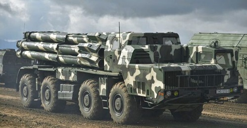 The BM-30 Smerch, recognisable from the distinctive MAZ-530M chassis. The Tornado-S is a deep upgrade to this system.