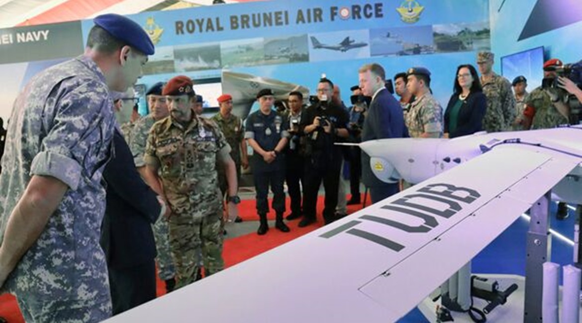 The Sultan of Brunei, Hassanal Bolkiah, is seen here inspecting the RBAirF's latest acquisition - an Insitu Integrator UAS - during an event held in June to mark the 60th anniversary of the Royal Brunei Armed Forces.