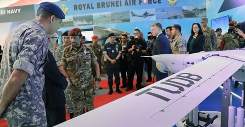The Sultan of Brunei, Hassanal Bolkiah, is seen here inspecting the RBAirF's latest acquisition - an Insitu Integrator UAS - during an event held in June to mark the 60th anniversary of the Royal Brunei Armed Forces.