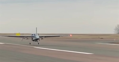 A screenshot from a Russian MoD video showing the Forpost-R UCAV departing for a mission over Ukraine.