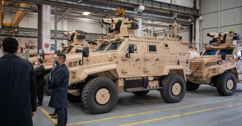 Ejder Yalçin vehicles, some in Qatari special forces camouflage, are seen during a visit by Nigerien President Mohamed Bazoum to the Nurol Makina faclity in Sincan.
