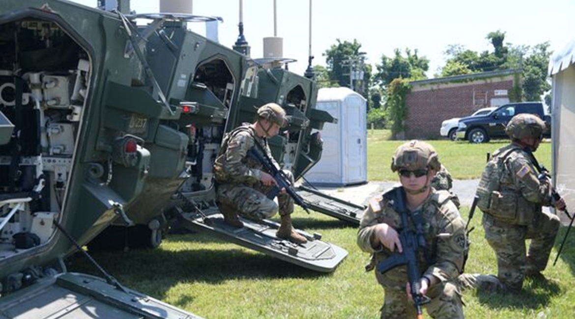 US Army soldiers emerge from Stryker vehicles during an ITN demo at Aberdeen Proving Ground, Maryland, on 30 June.