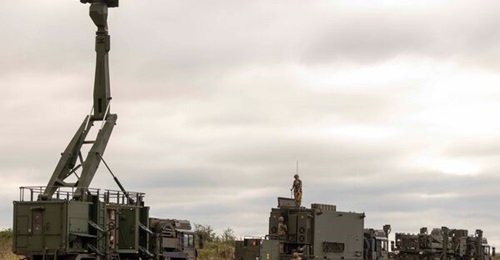 The British Army will deploy the Sky Sabre air defence system, comprising the GAMB (left), SAMOC (centre), and Land Ceptor missile delivery vehicle (right), to Poland. All three Sky Sabre vehicles were brought into action on Thorney Island, West Sussex.